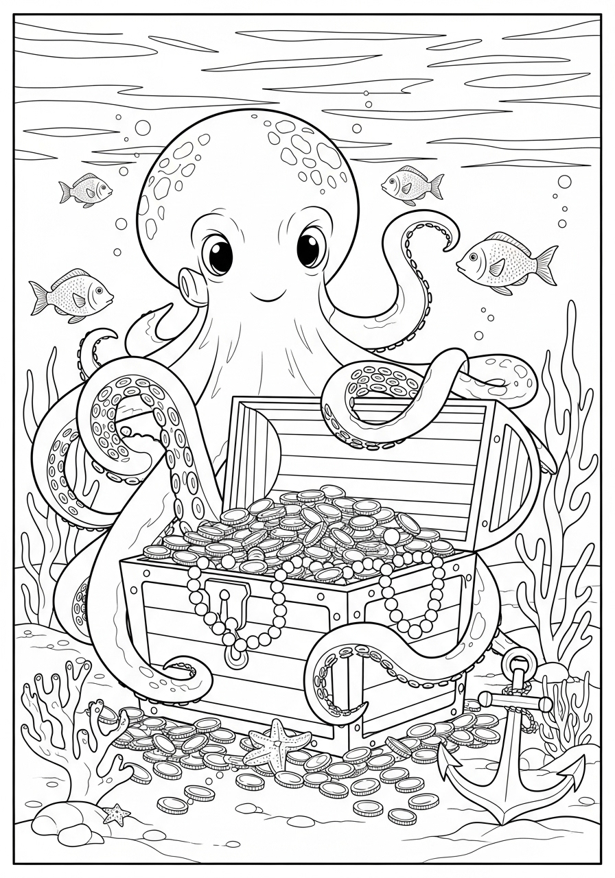 Desenho de Polvo com baú de tesouro no fundo do mar