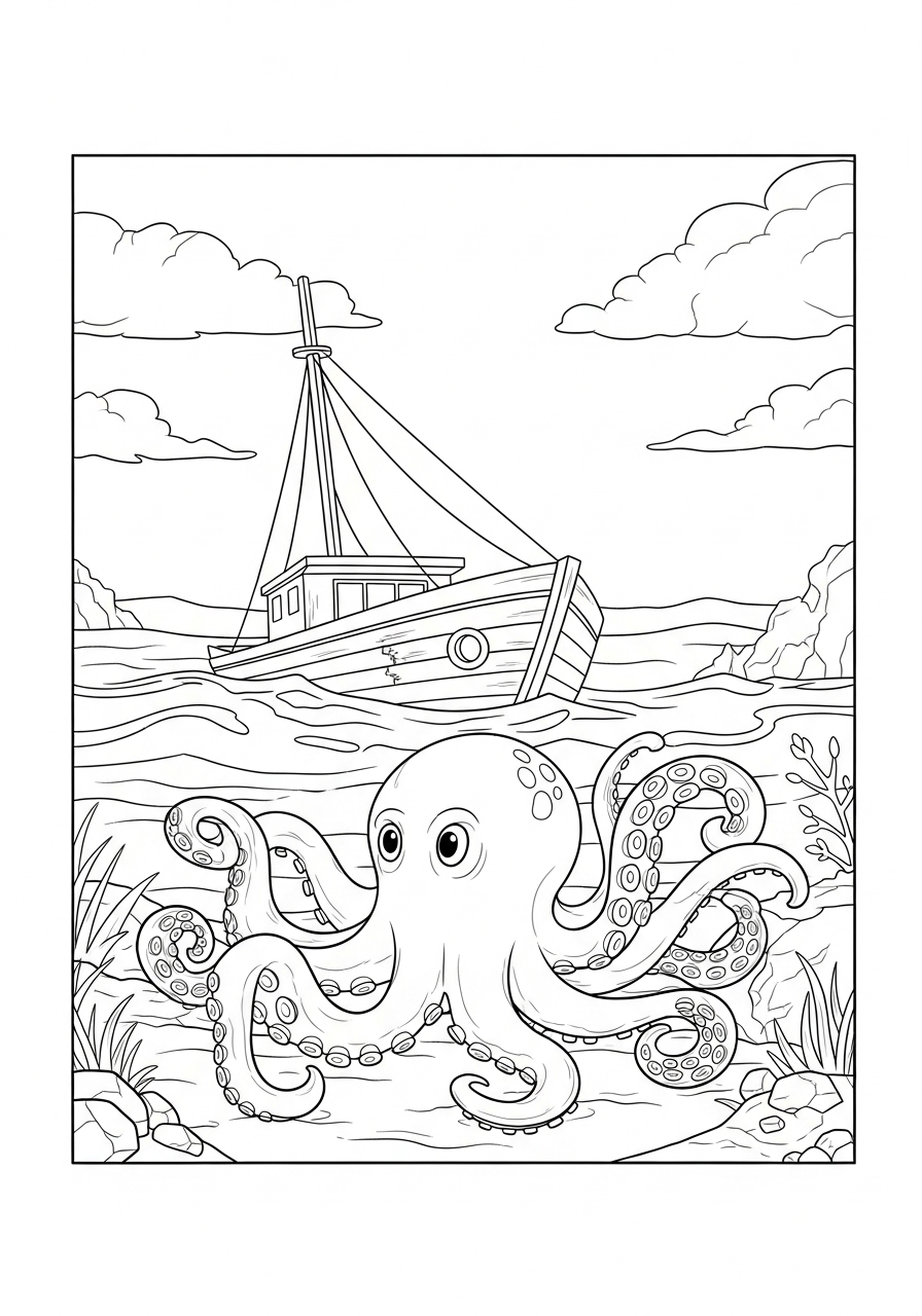 Desenho de Polvo sorridente com barco ao fundo