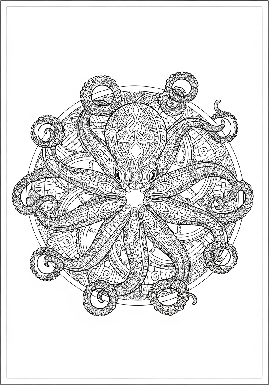 Desenho de Polvo com tentáculos detalhados para colorir