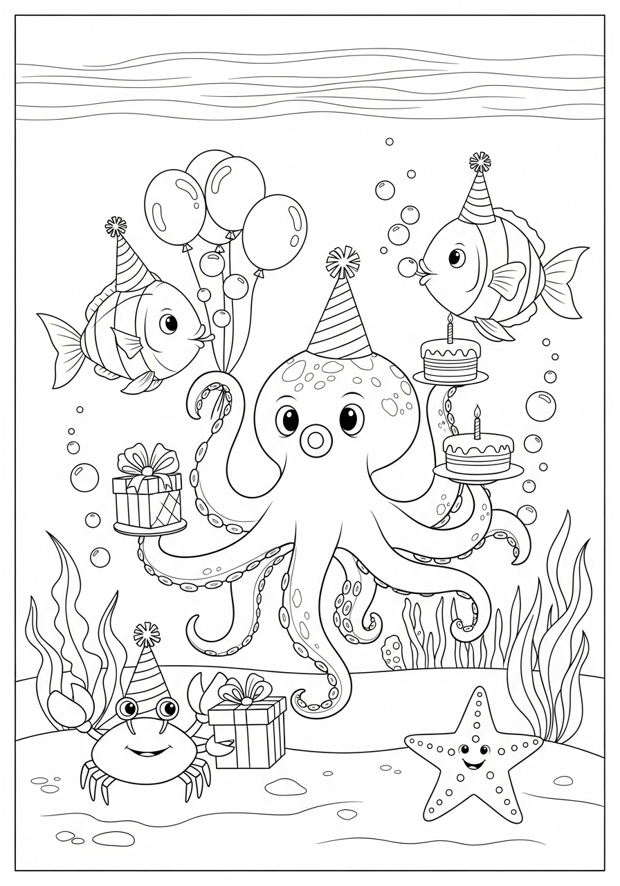 Desenho de Polvo comemorando festa subaquática