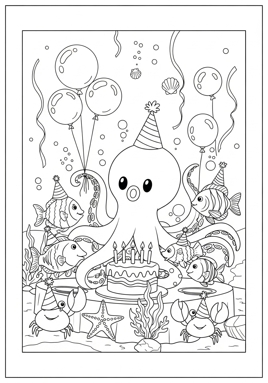 Desenho de Polvo em festa de aniversário para colorir