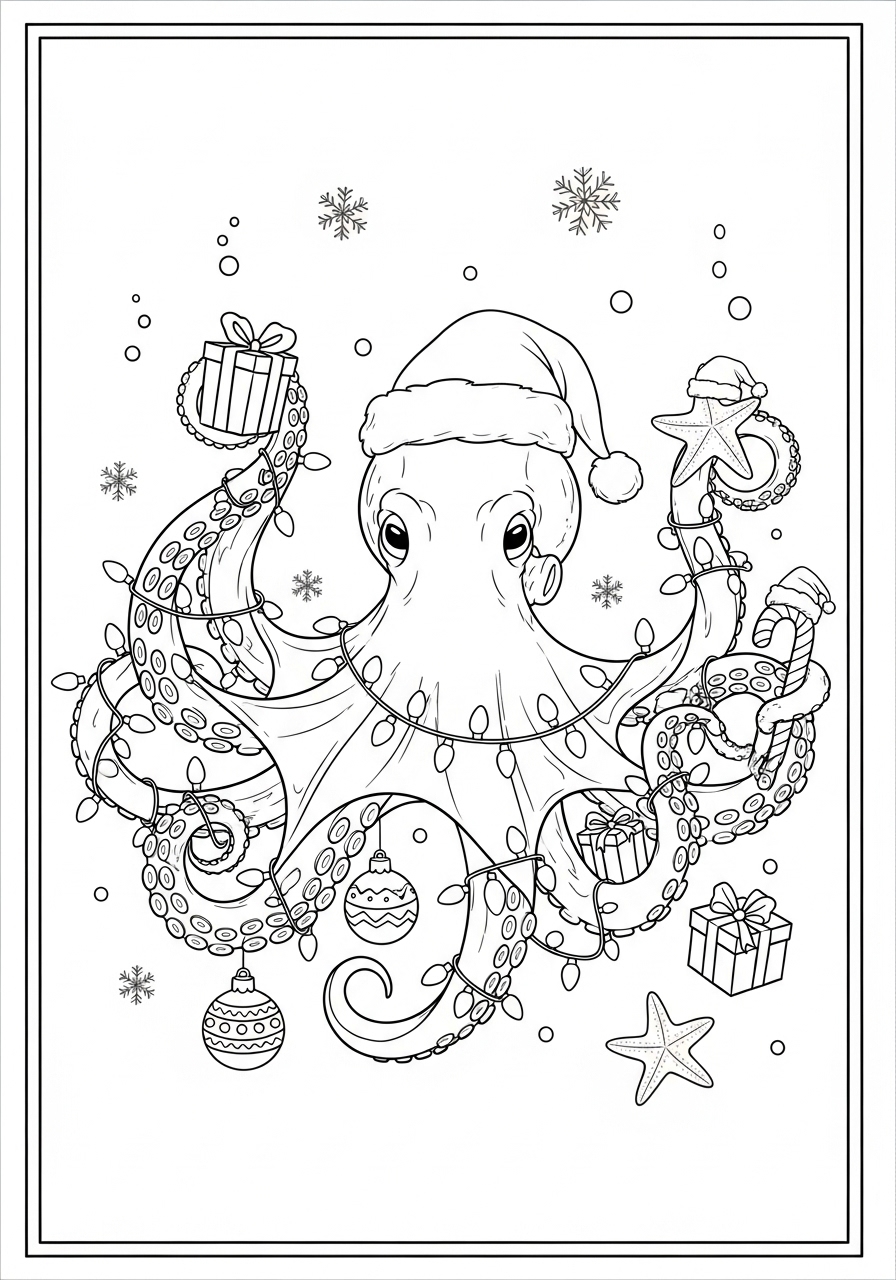 Desenho de Polvo natalino com presentes para colorir