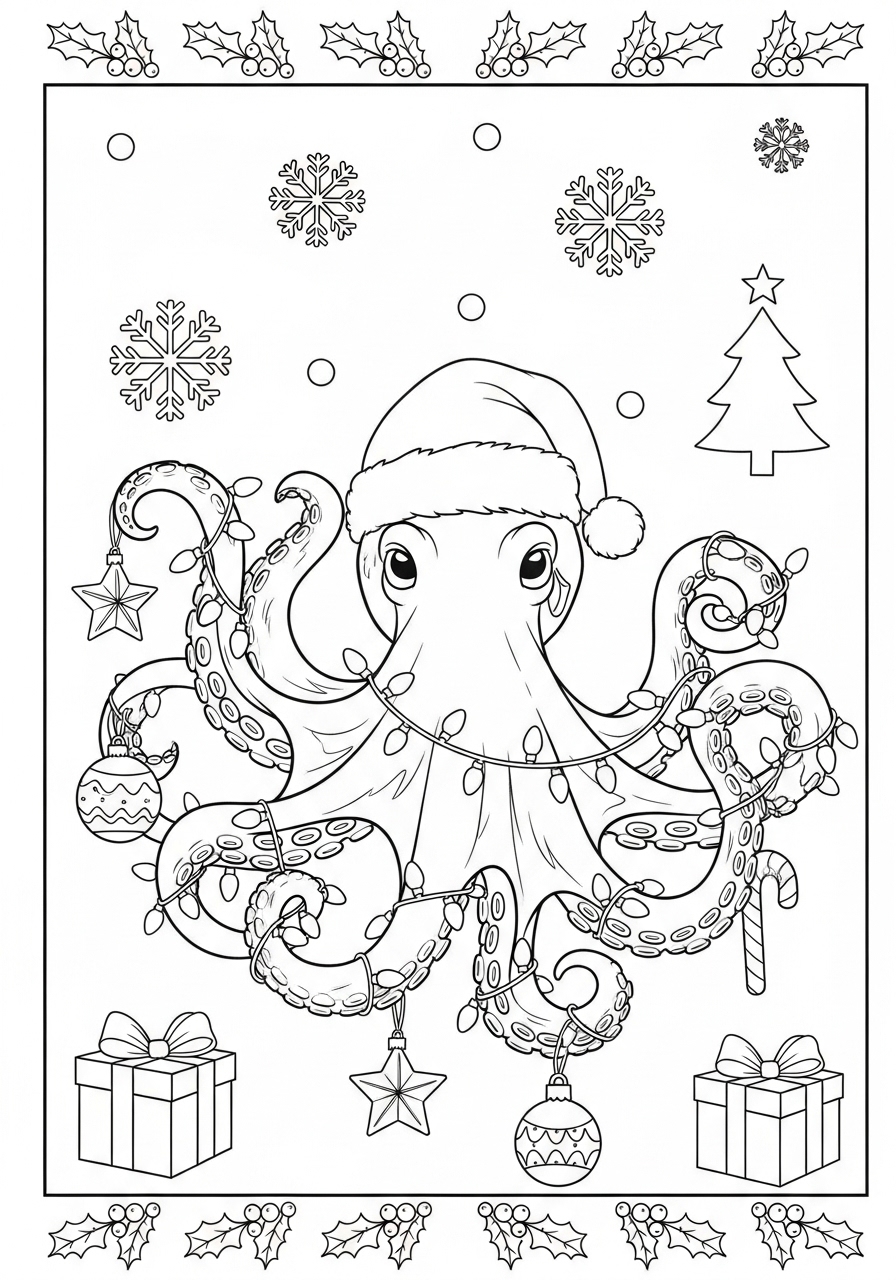 Desenho de Polvo natalino com luzes e presentes