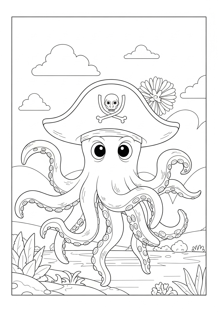 Desenho de Polvo pirata com chapéu para colorir