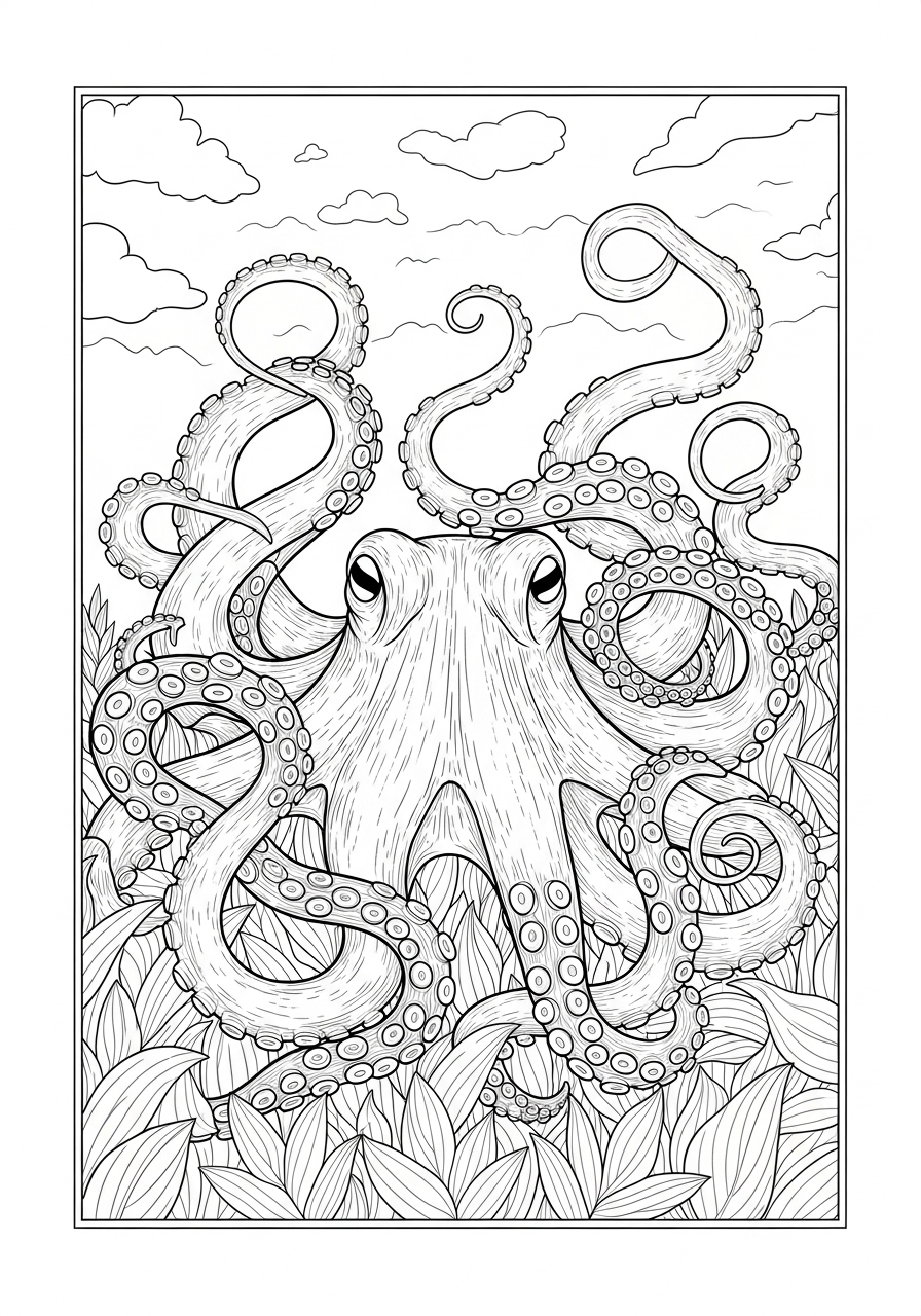 Desenho de Polvo com tentáculos entre folhas