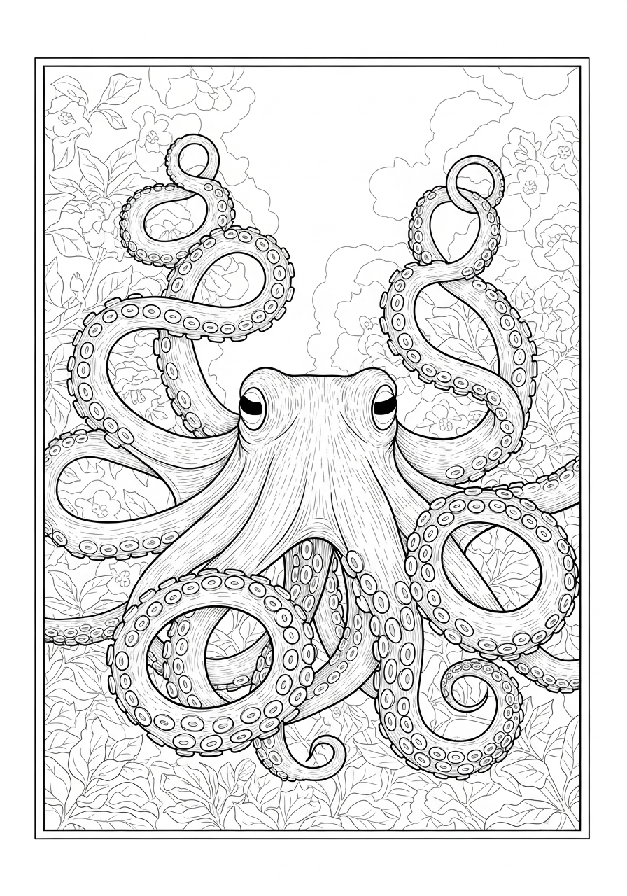 Desenho de Polvo entre plantas para colorir