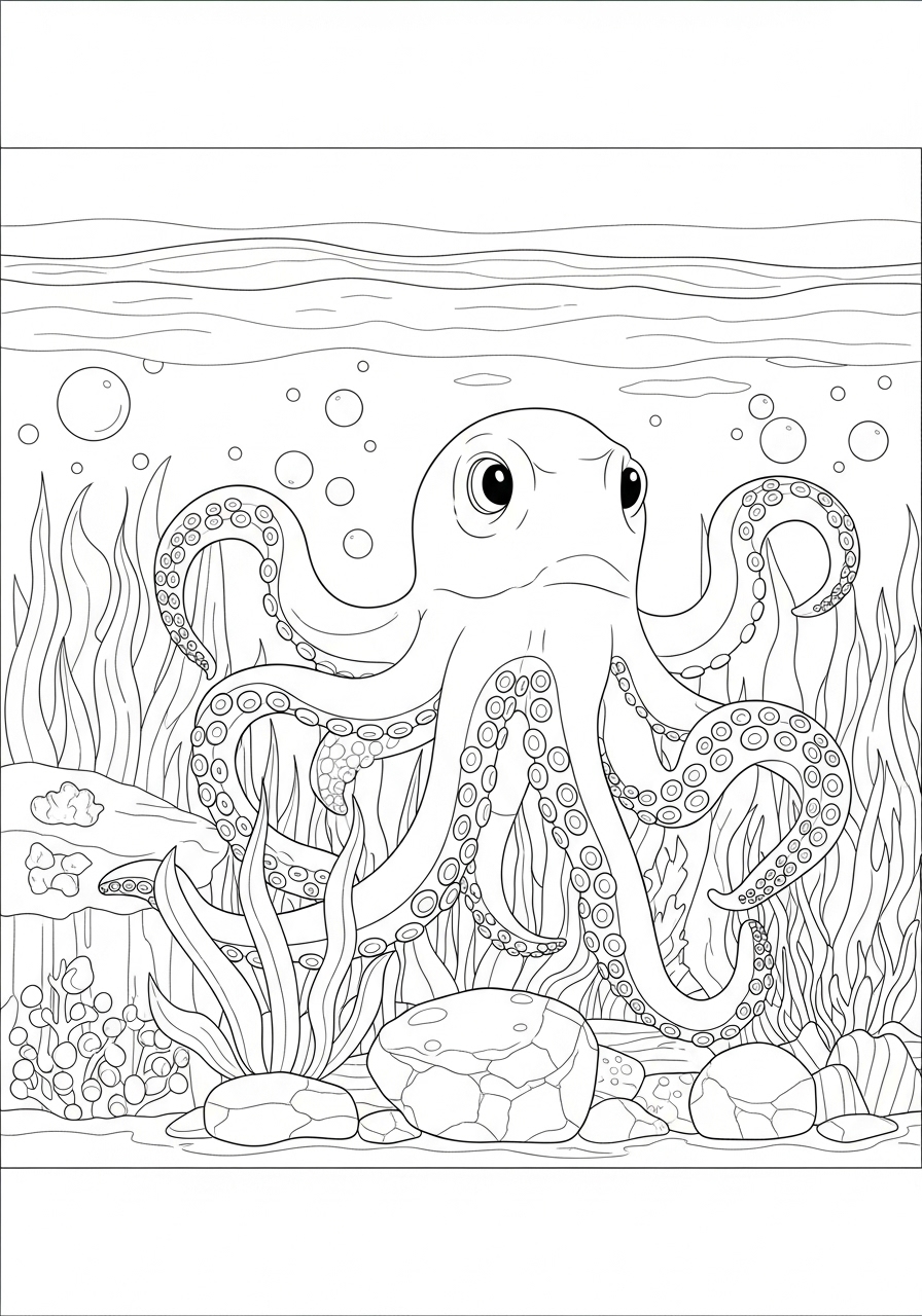 Desenho de Polvo no fundo do mar com algas