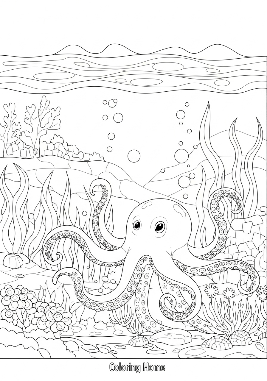 Desenho de Polvo feliz no fundo do mar para colorir