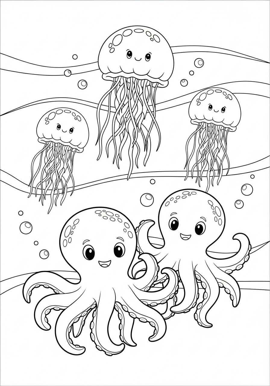 Desenho de Polvo e águas-vivas felizes no oceano