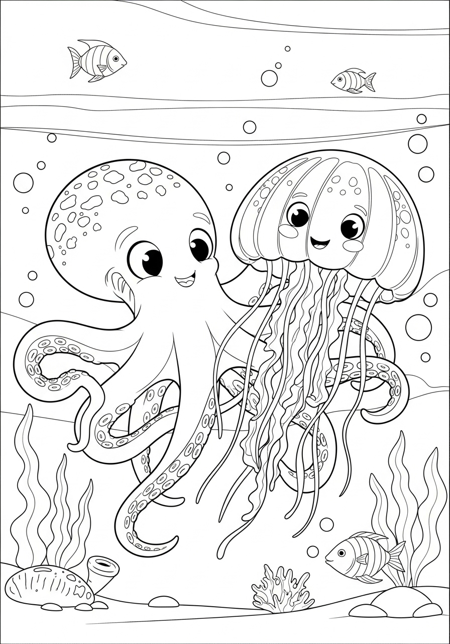 Desenho de Polvo e Água-viva felizes no mar