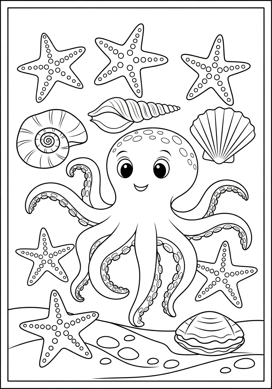 Desenho de Polvo com estrelas do mar e conchas