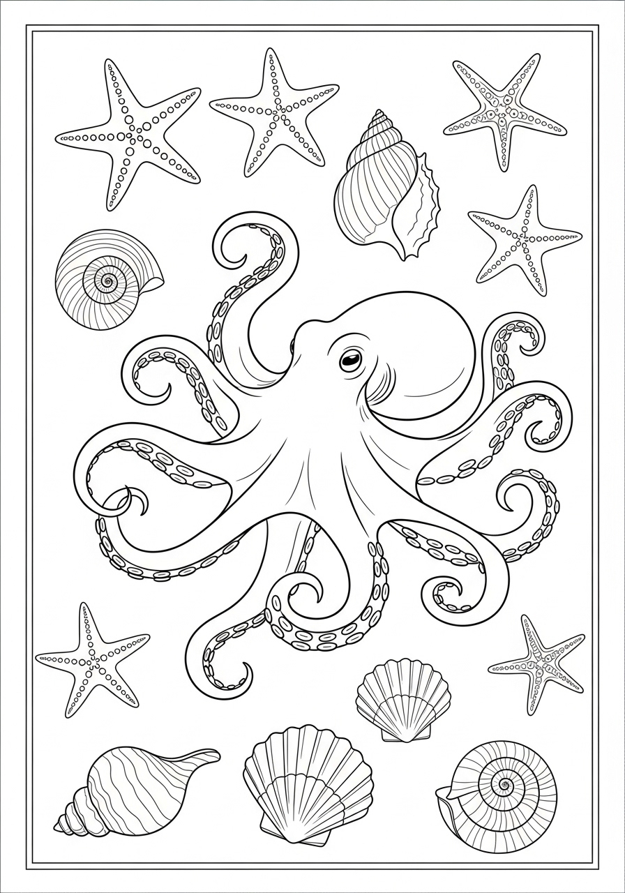 Desenho de Polvo cercado por conchas e estrelas do mar