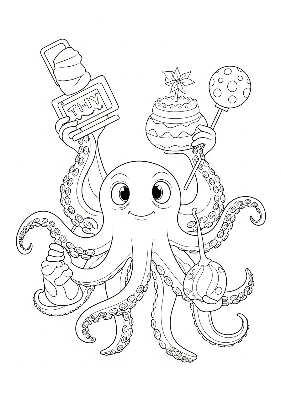 Desenho de Polvo divertido segurando vários objetos
