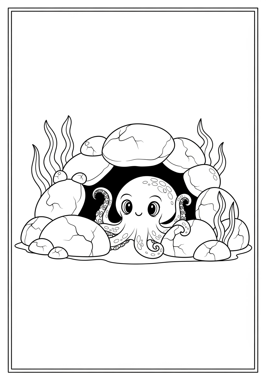 Desenho de Polvo em caverna marinha para colorir