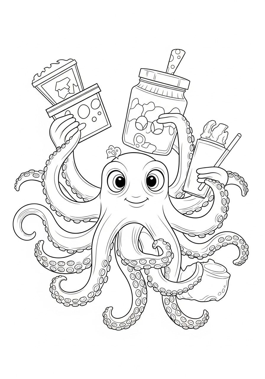 Desenho de Polvo segurando lanches para colorir