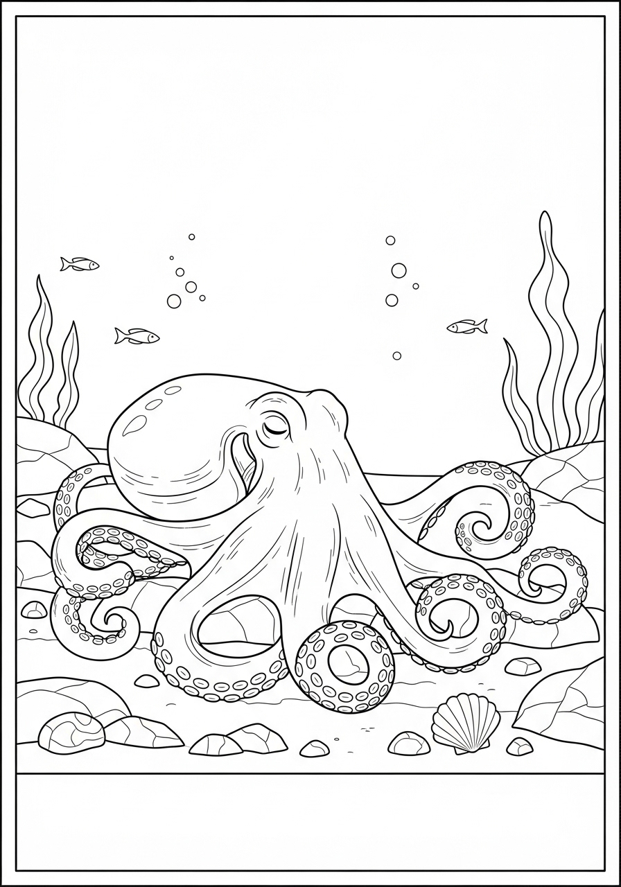 Desenho de Polvo no fundo do mar com peixes e corais