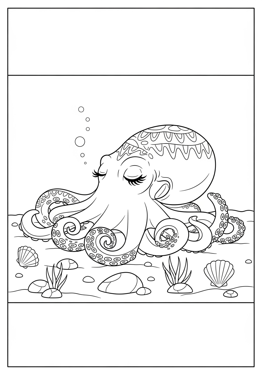 Desenho de Polvo sorridente com conchas para colorir