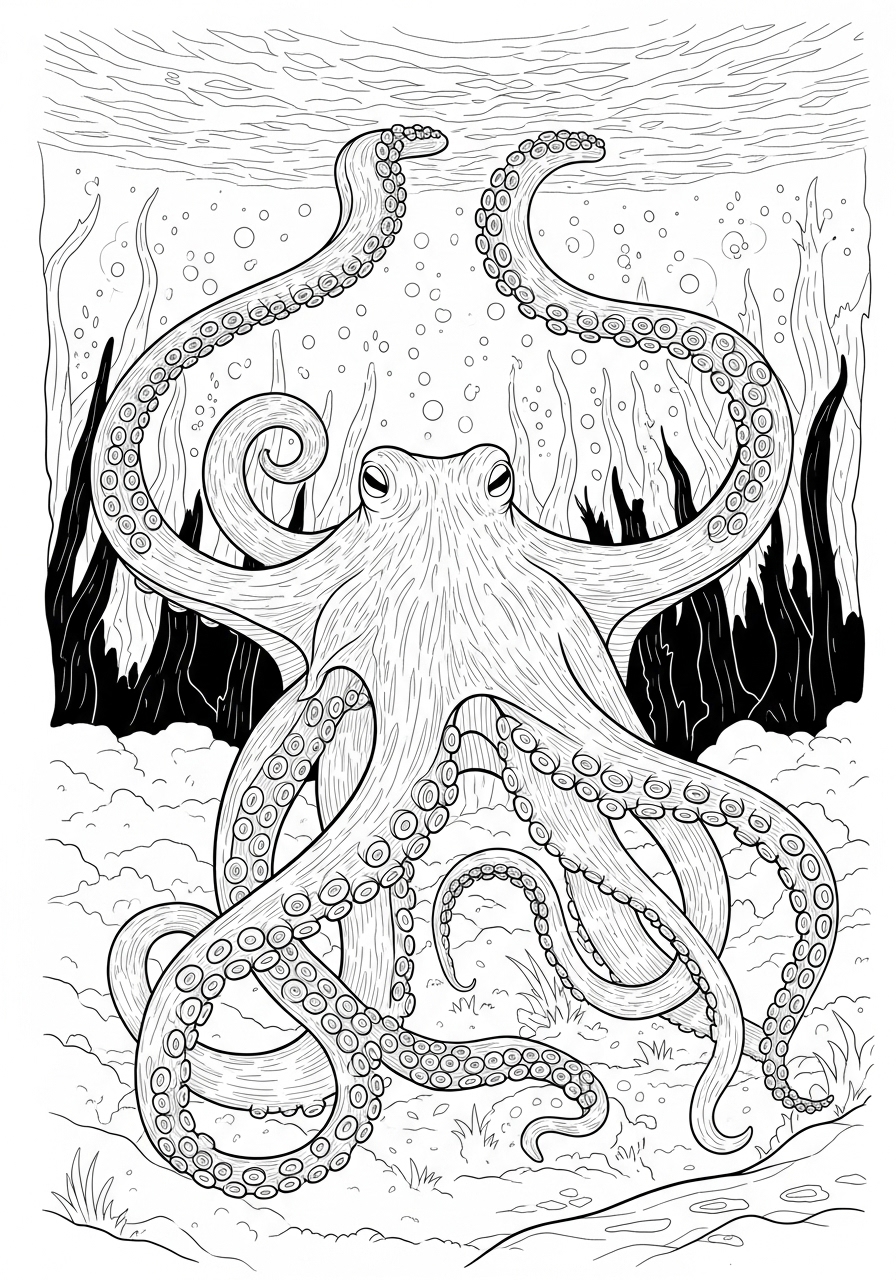 Desenho de Polvo em um recife para colorir