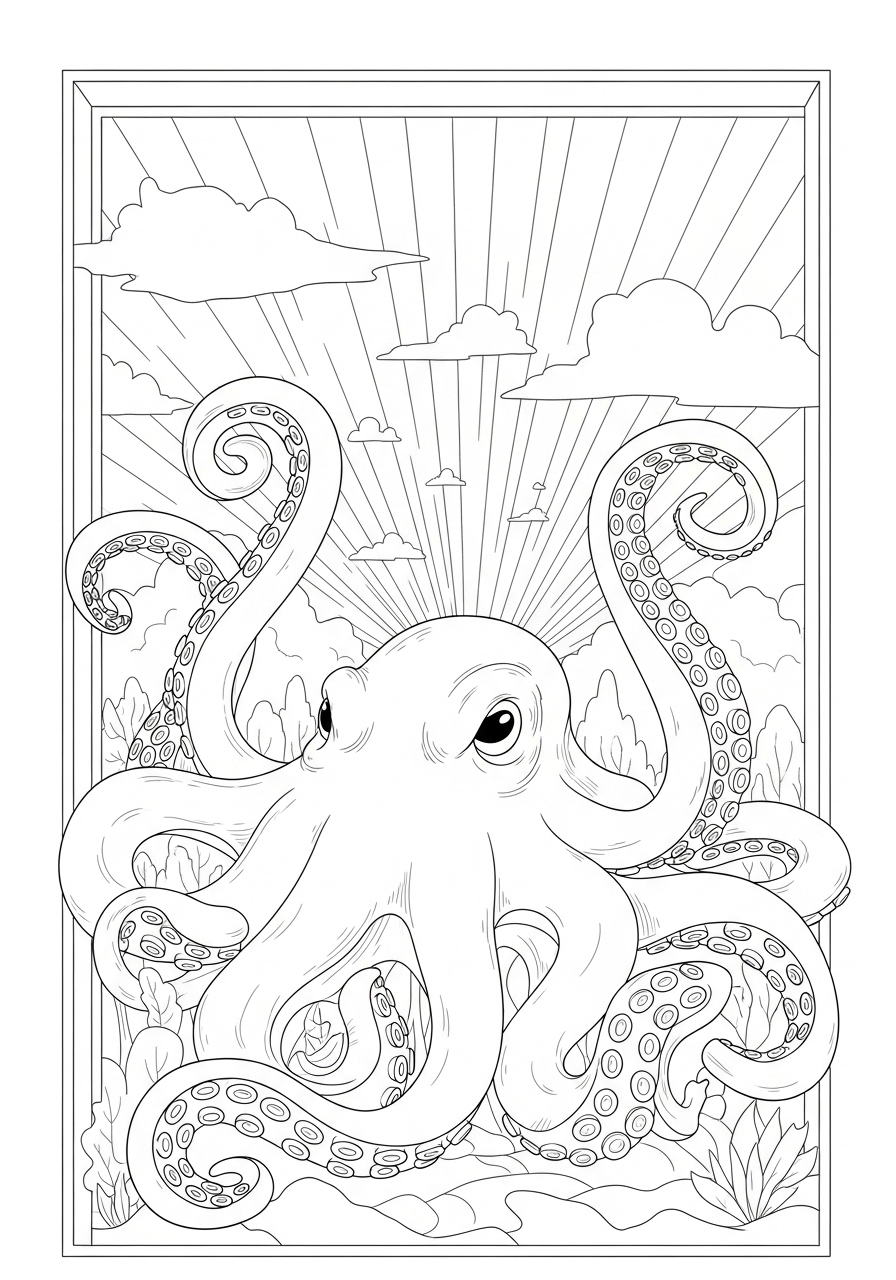 Desenho de Polvo feliz com tentáculos estendidos