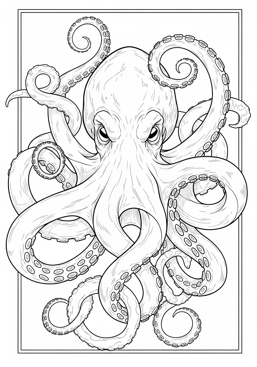 Desenho de Polvo com tentáculos enrolados para colorir