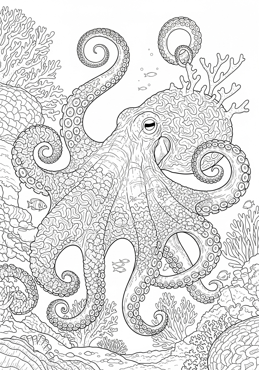 Desenho de Polvo detalhado no fundo do mar