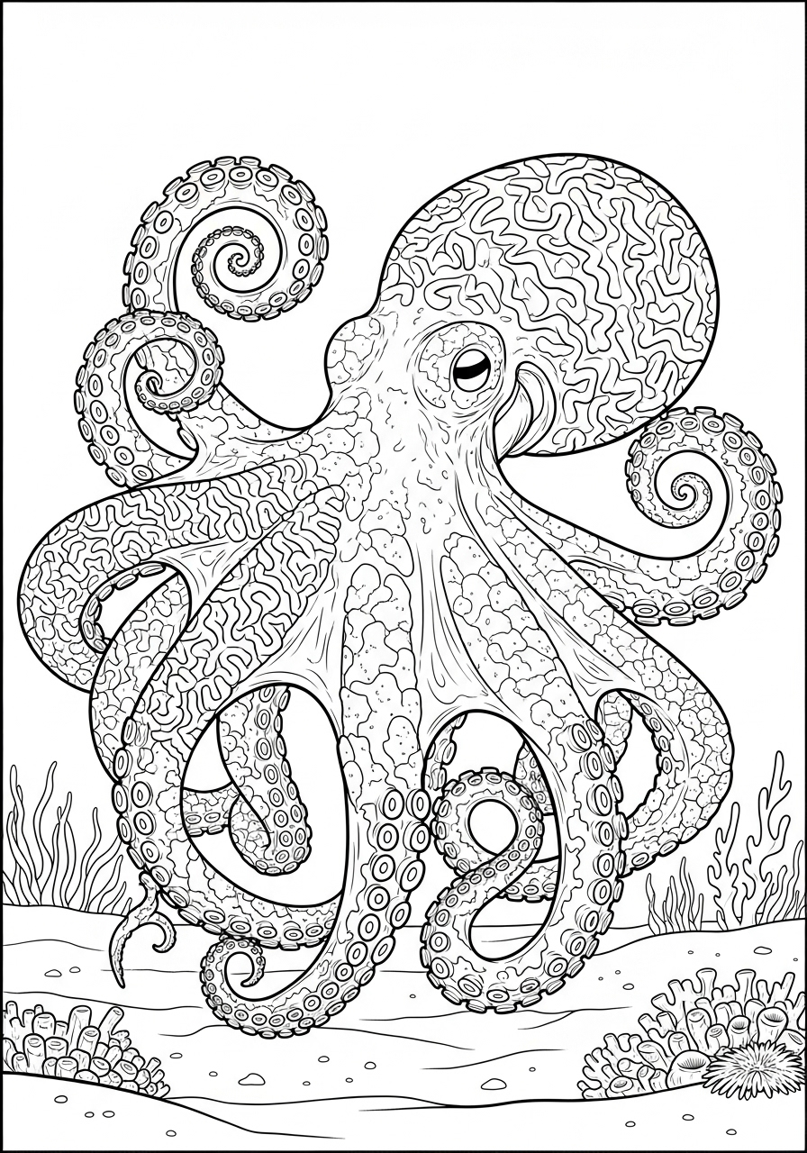 Desenho de Polvo com tentáculos detalhados para colorir