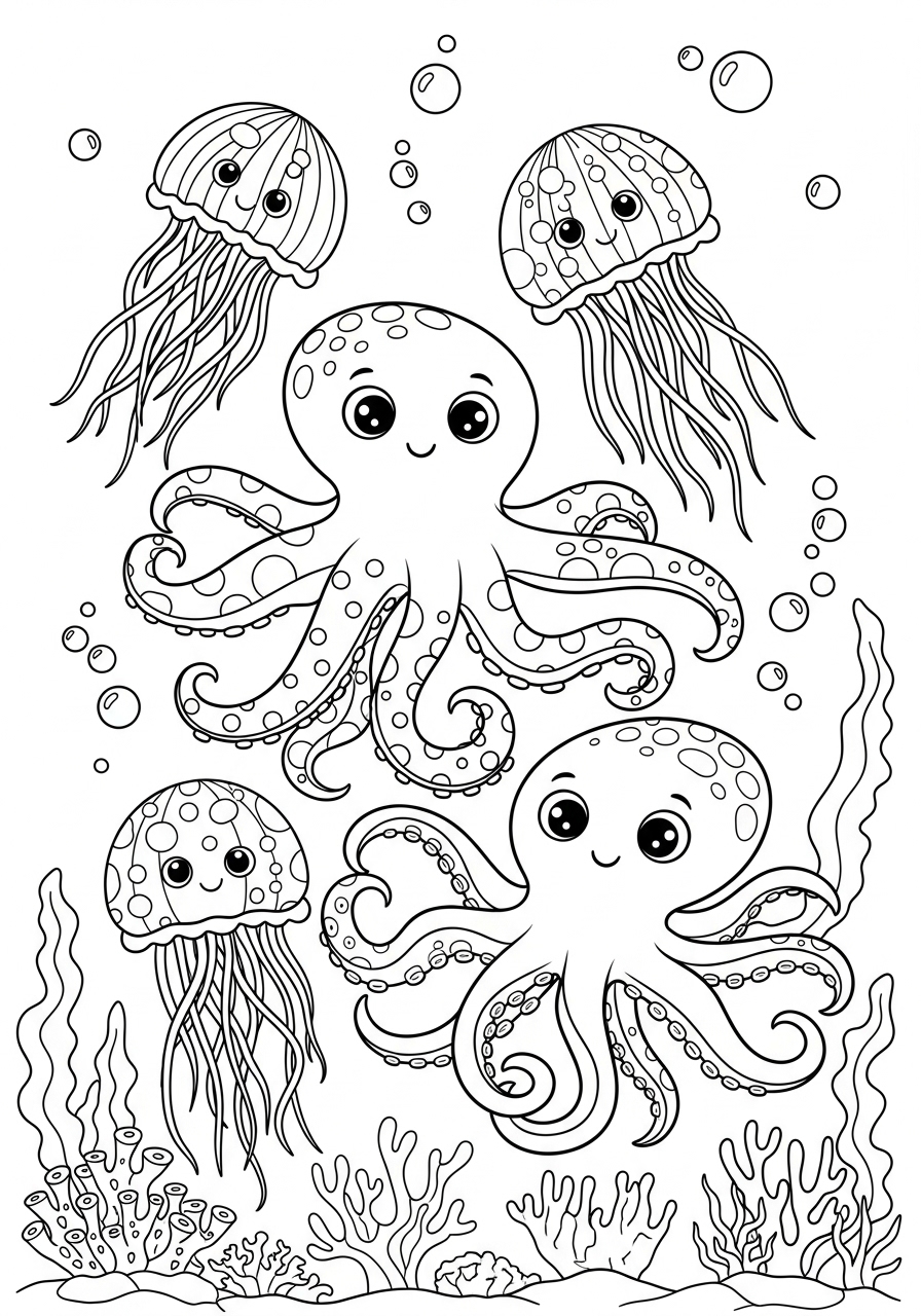 Desenho de Polvo e água-vivas no fundo do mar