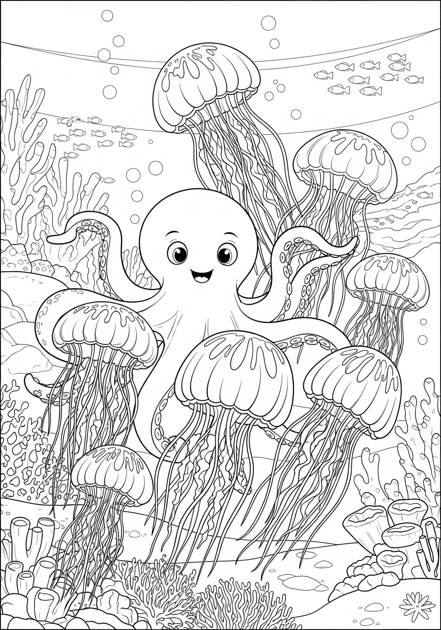 Desenho de Polvo sorridente rodeado de águas-vivas