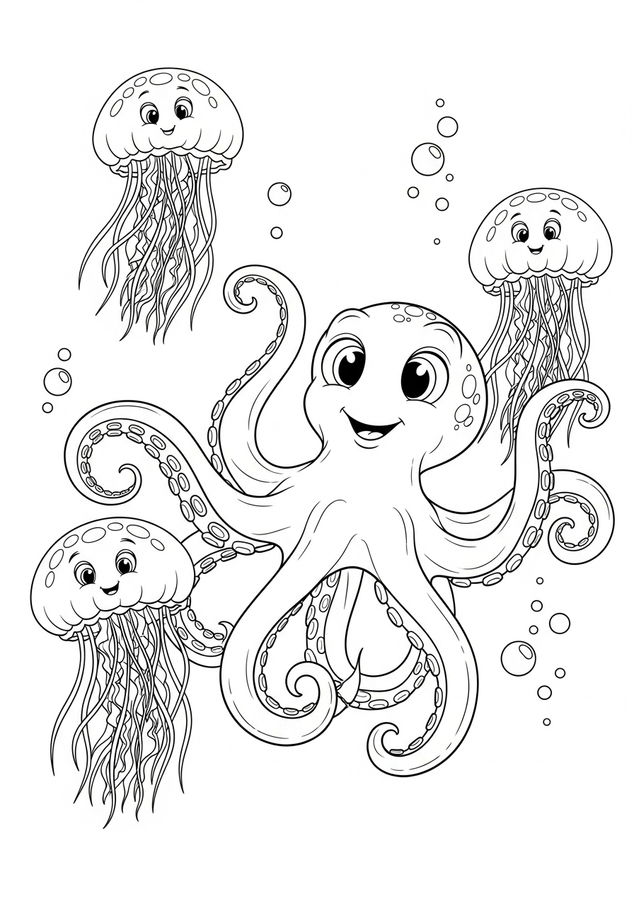 Desenho de Polvo sorridente com águas-vivas para colorir