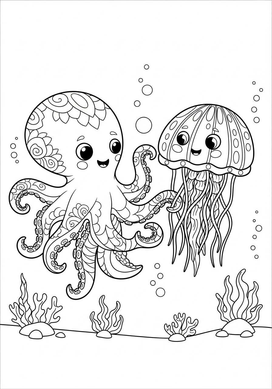 Desenho de Polvo e Água-viva sorrindo no oceano