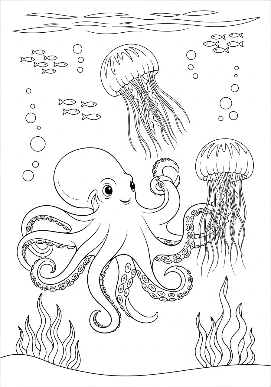 Desenho de Polvo feliz com águas-vivas no oceano