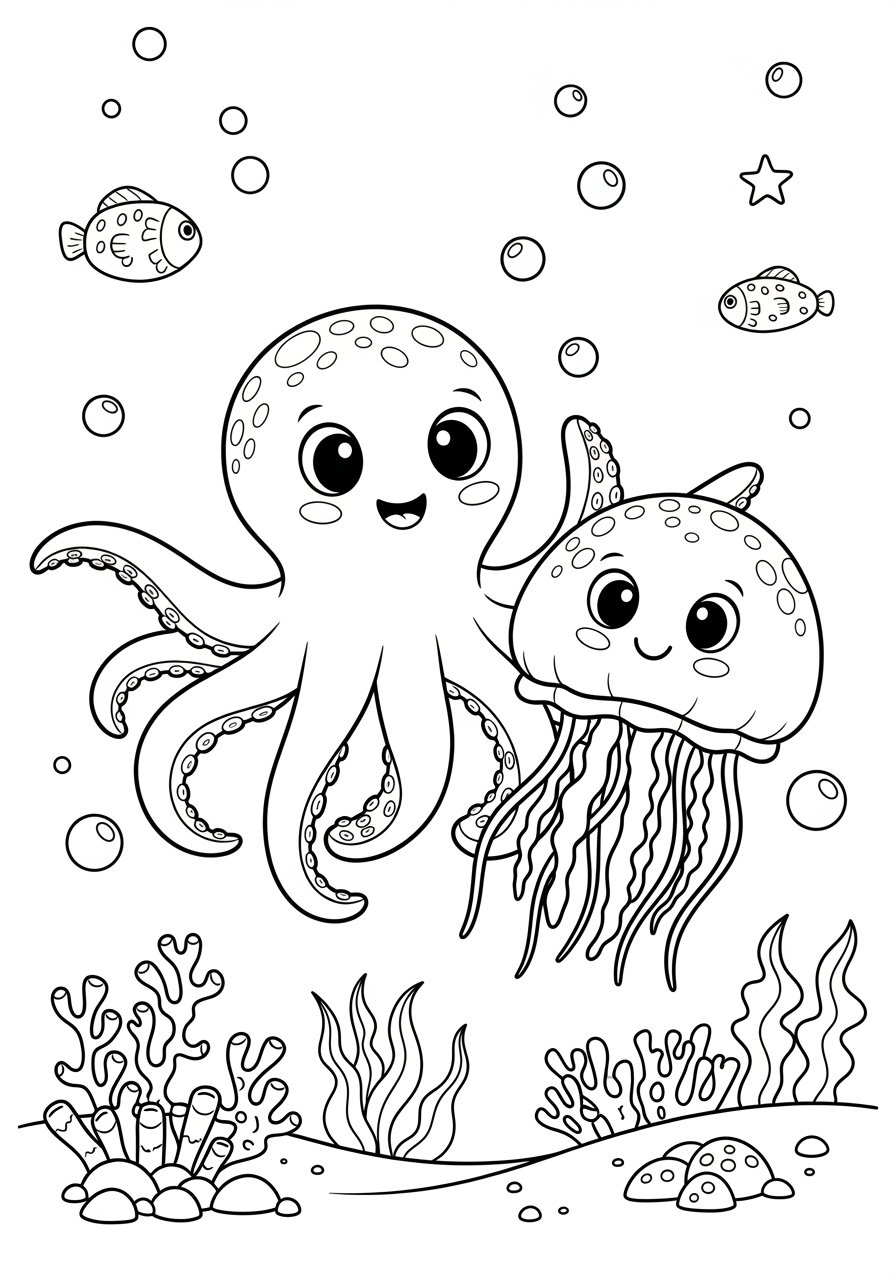 Desenho de Polvo e Água-viva felizes no oceano