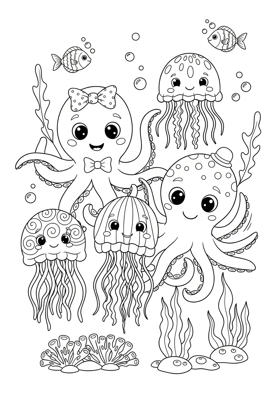 Desenho de Polvo e águas-vivas felizes para colorir