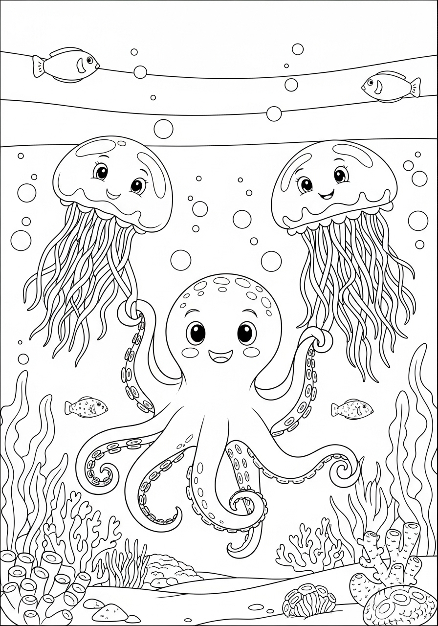 Desenho de Polvo com águas-vivas sorridentes para colorir