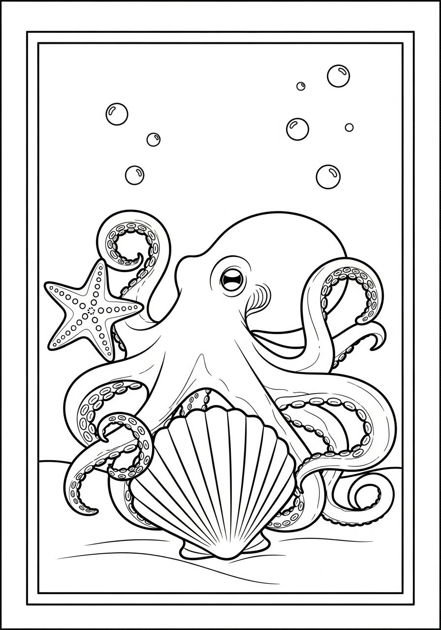 Desenho de Polvo com estrela e concha para colorir