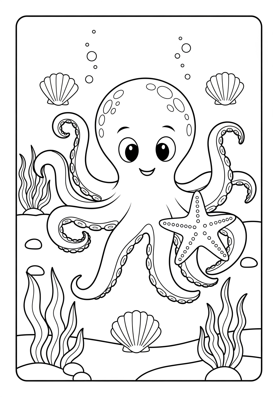 Desenho de Polvo feliz segurando uma estrela do mar