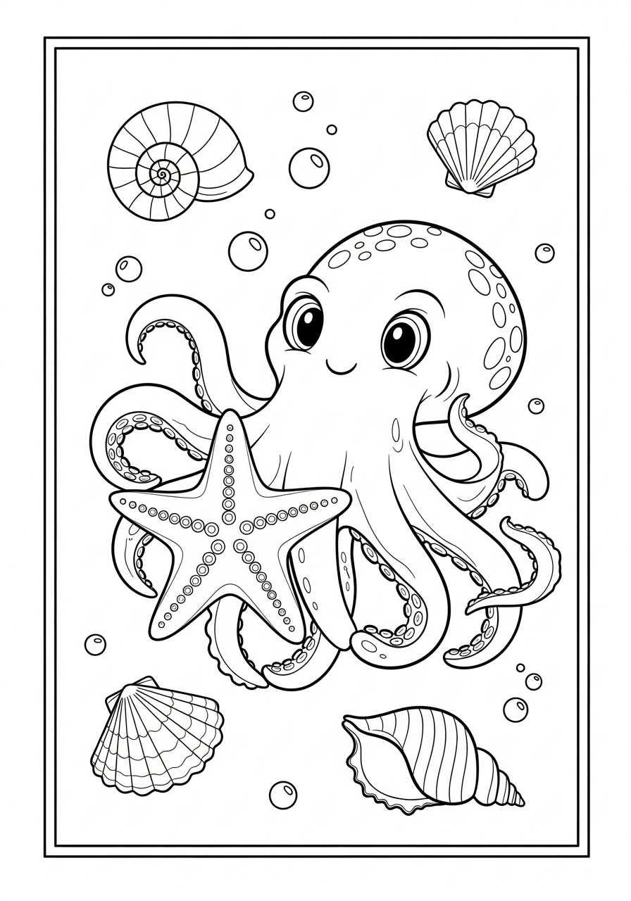 Desenho de Polvo com estrela do mar e conchas