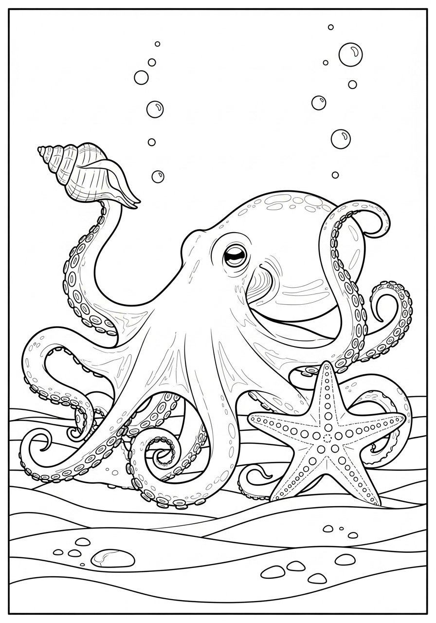 Desenho de Polvo com estrela do mar e concha
