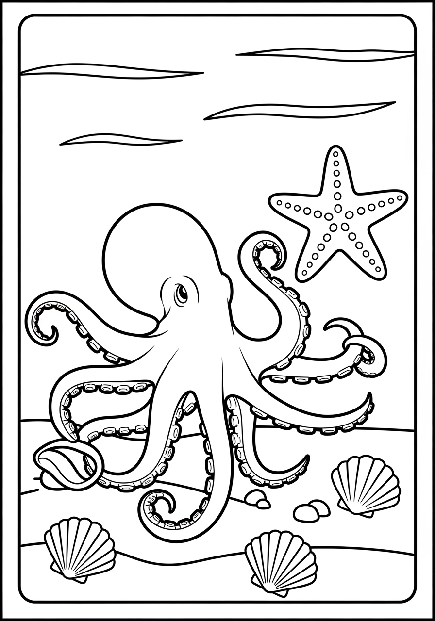 Desenho de Polvo com estrela do mar e conchas