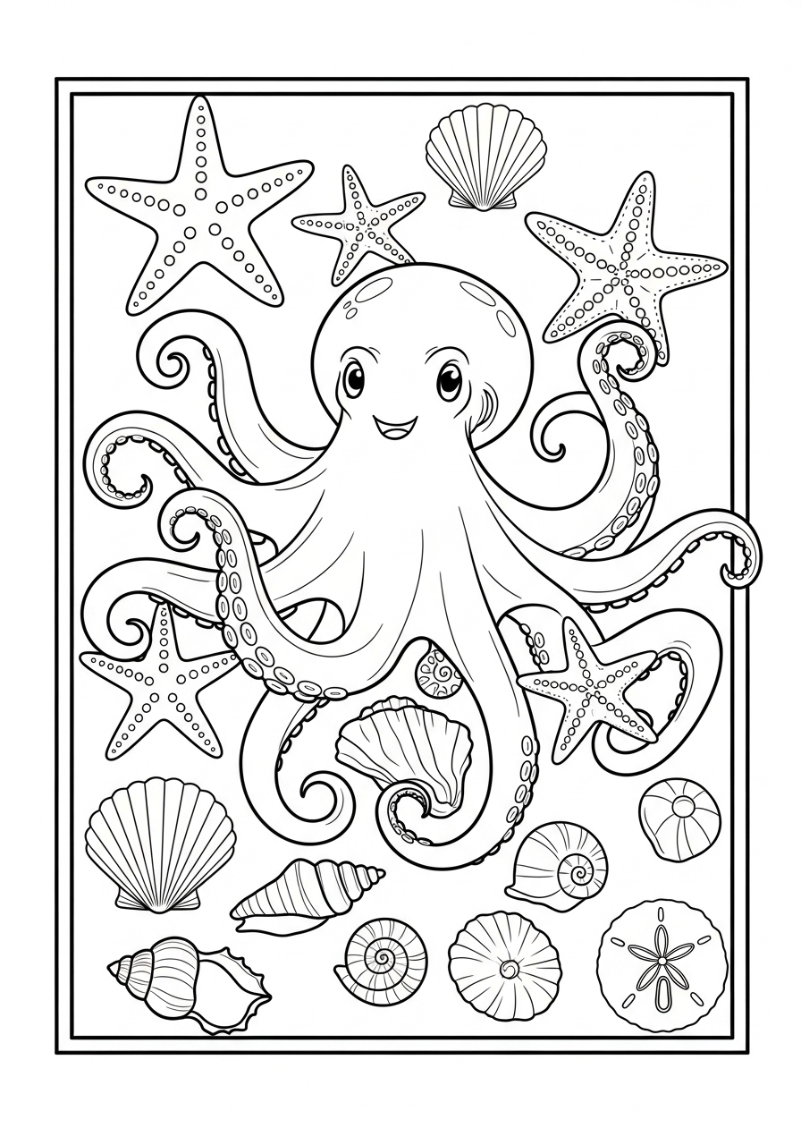 Desenho de Polvo sorridente com estrelas-do-mar