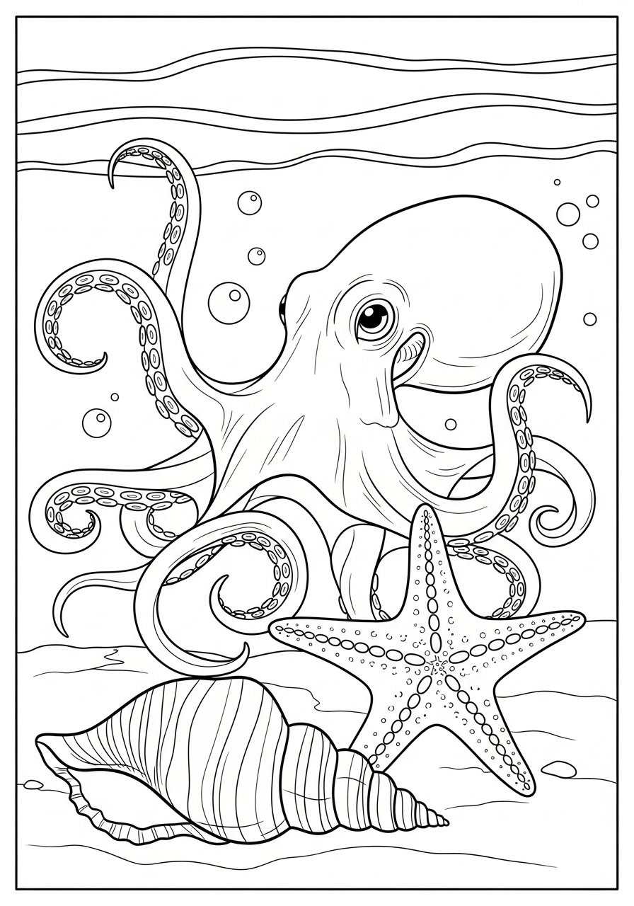 Desenho de Polvo com estrela do mar para colorir