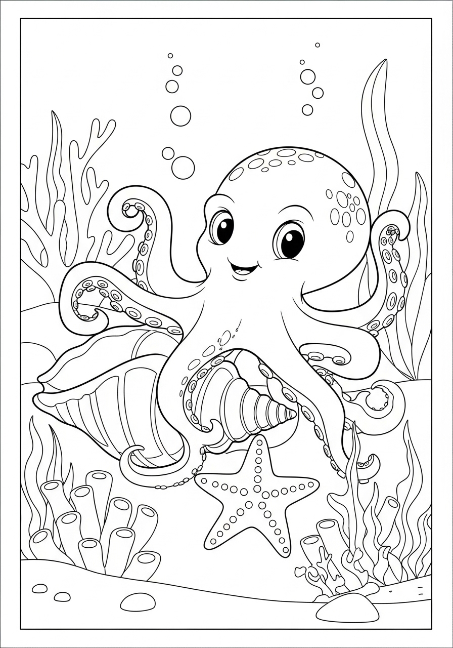 Desenho de Polvo fofinho em um fundo marinho alegre