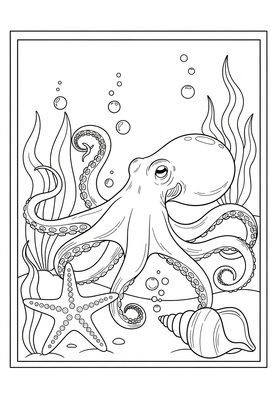 Desenho de Polvo com estrela do mar para colorir