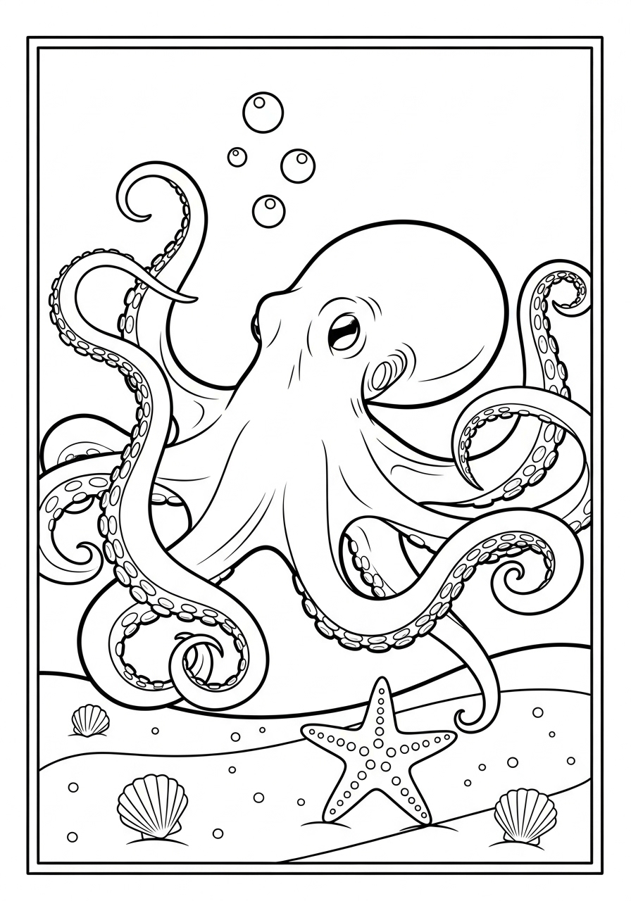 Desenho de Polvo com tentáculos estendidos para colorir