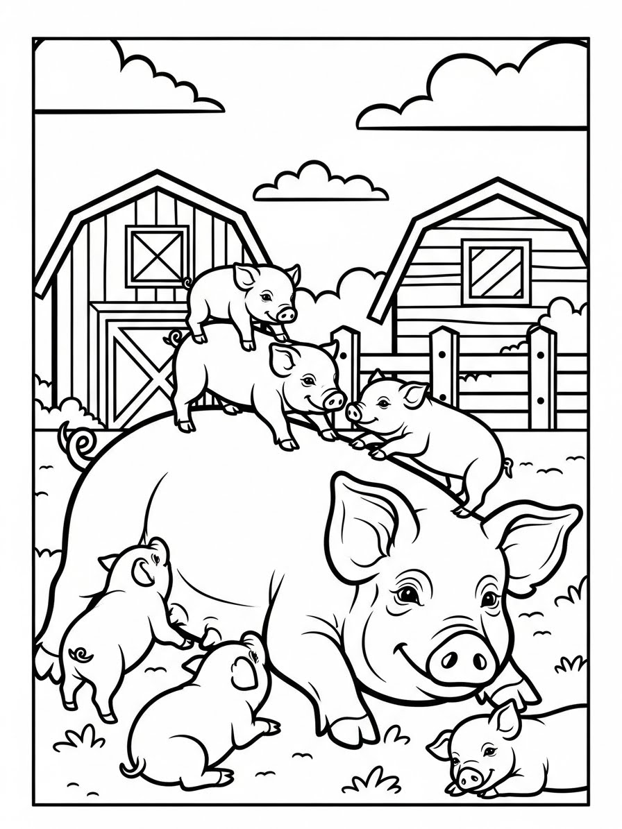 Desenho de Porco Realista com filhotes para colorir