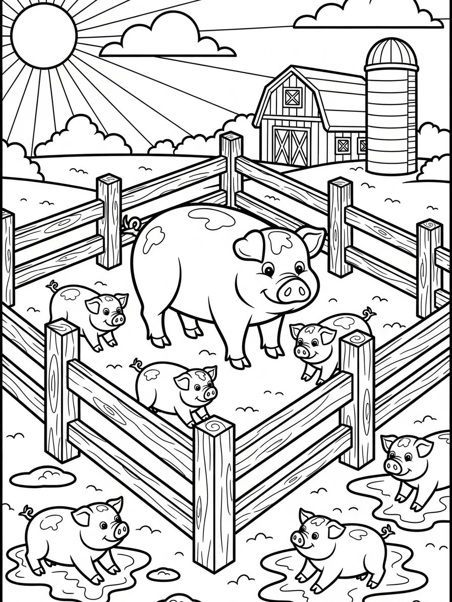 Desenho de Porco Simples em Fazenda para colorir