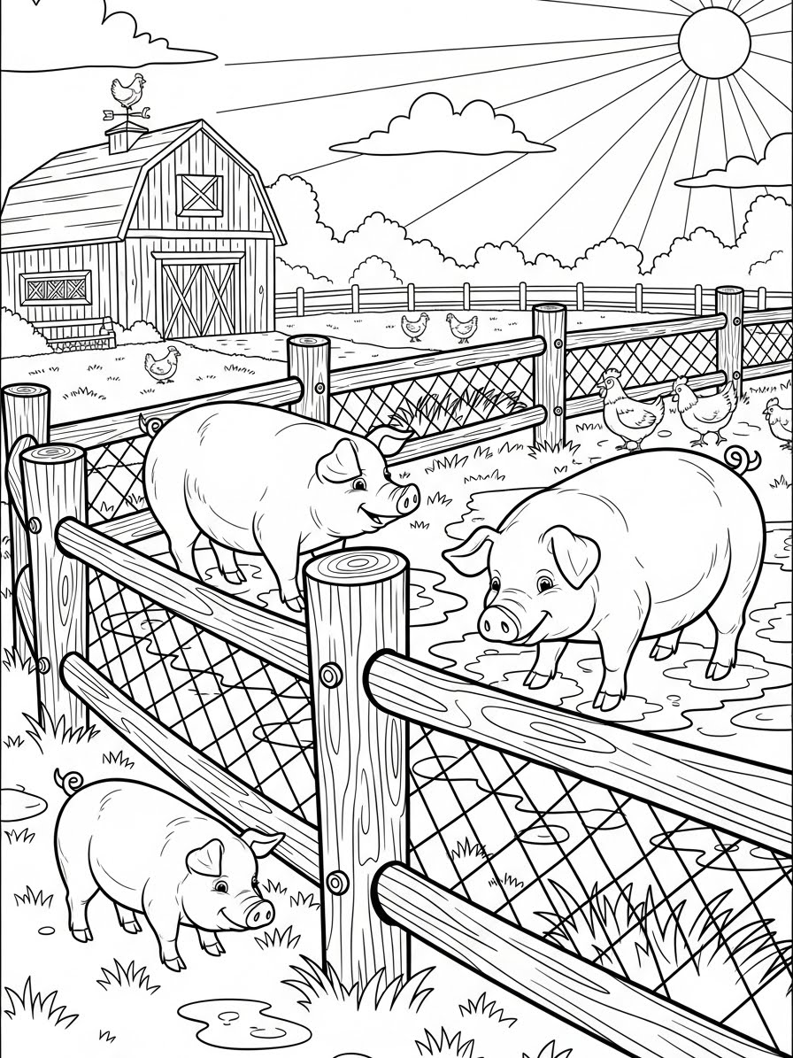 Desenho de Porco Divertido em Fazenda para colorir