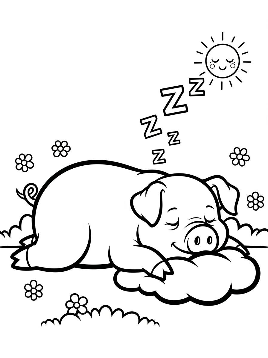 Desenho de Porco Dormindo sobre Nuvem para colorir