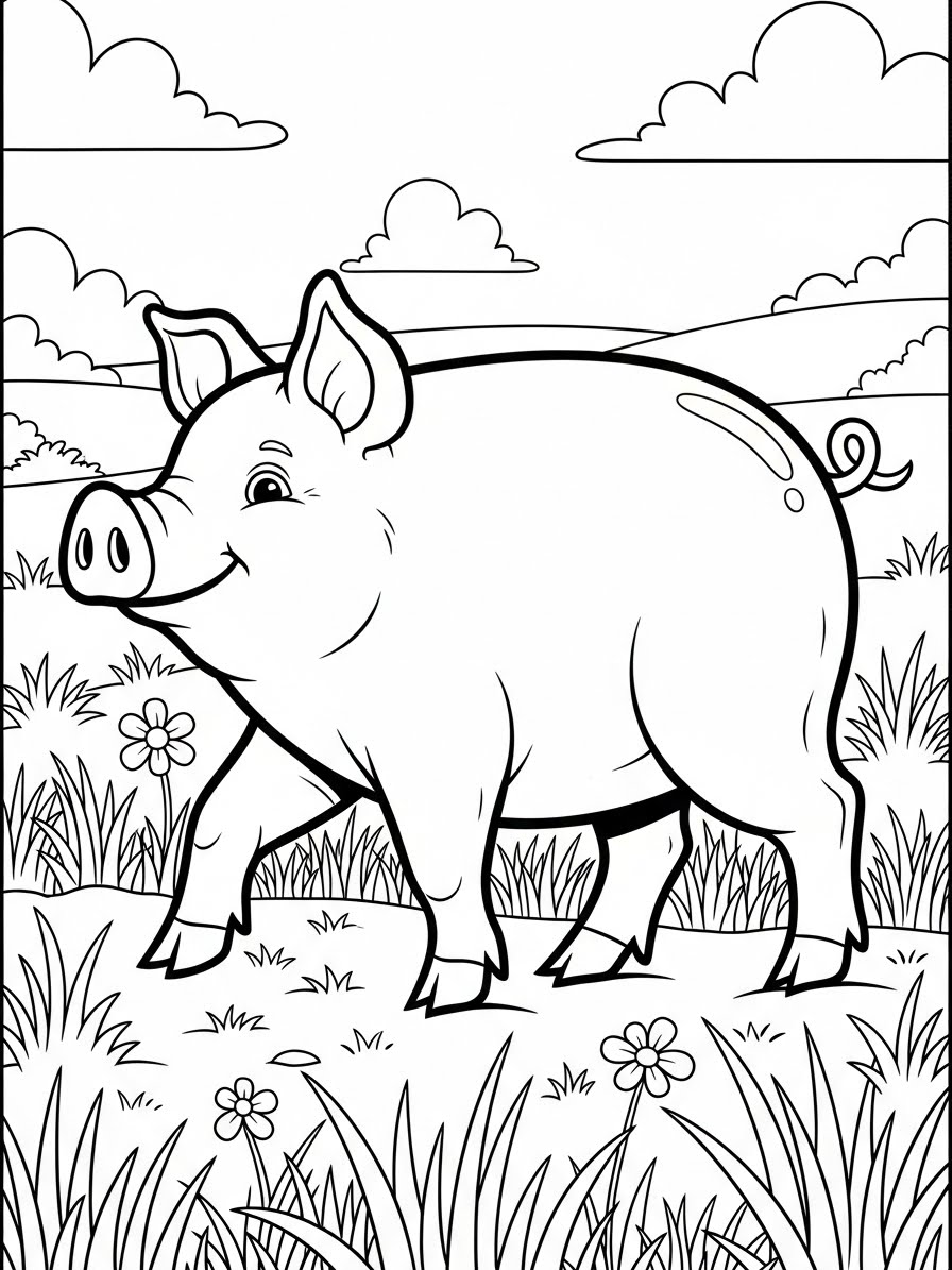 Desenho de Porco Simples em um campo com flores para colorir