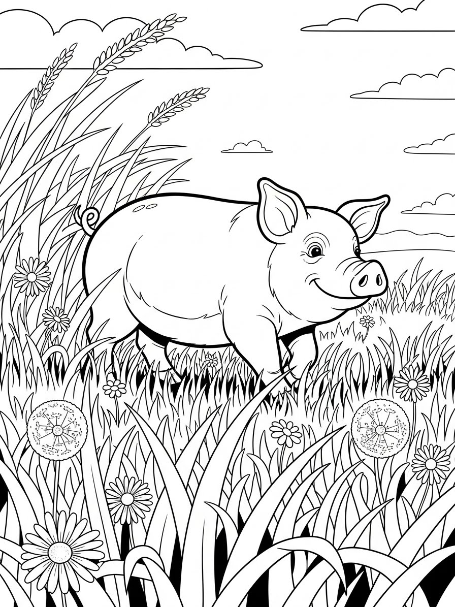 Desenho de Porco Alegre em um campo para colorir